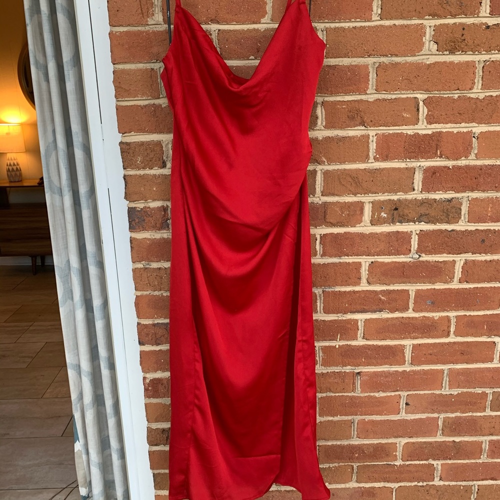 Red silk cowl neck slip dress